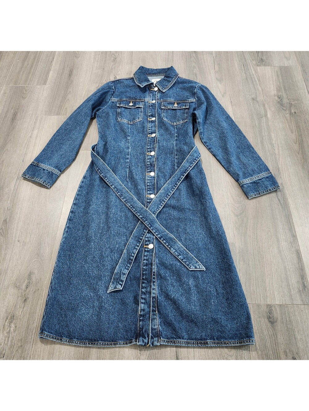 Zara Denim Long Sleeve Button-Up Dress with Belt Size Size Large